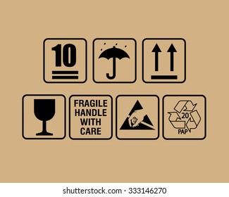 Fragile or packaging symbols. Black fragility signs on white background. Vector illustration.