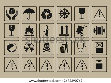 Fragile Packaging Warning Symbols Set, Cargo Handling Icons, Logistics Delivery Shipping Signs, Umbrella, Handle With Care, Glass, This Side Up, Transport Safety Labels