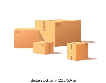 Fragile packs, closed packages with adhesive tape, post office crates, stockpile storage stacks. Cardboard boxes of big and small size isolated vector.