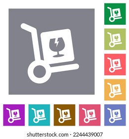Fragile parcel delivery solid flat icons on simple color square backgrounds