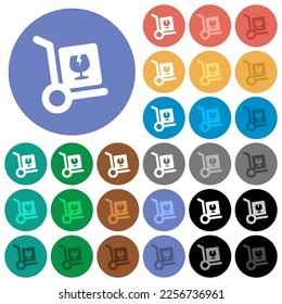 Fragile parcel delivery solid multi colored flat icons on round backgrounds. Included white, light and dark icon variations for hover and active status effects, and bonus shades.