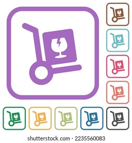 Fragile parcel delivery solid simple icons in color rounded square frames on white background