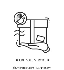 Fragile parcel icon. Box on palm with handle with care warning pictogram. Concept of express contact-less delivery. Linear editable stroke vector illustration for web, courier post service and ui 
