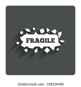 Fragile parcel sign icon. Delicate package delivery symbol. Gray flat button with shadow. Modern UI website navigation. Vector