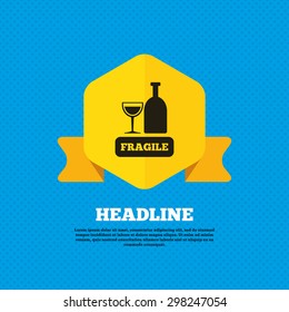 Fragile parcel sign icon. Delicate package delivery symbol. Yellow label tag. Circles seamless pattern on back. Vector