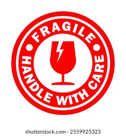 Fragile round circle stamp sticker icon symbol. Handle with care logo sign. Keep dry, This way up. Vector illustration image. Isolated on white background.