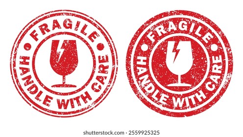 Fragile round circle stamp sticker icon symbol. Handle with care logo sign. Keep dry, This way up. Vector illustration image. Isolated on white background.