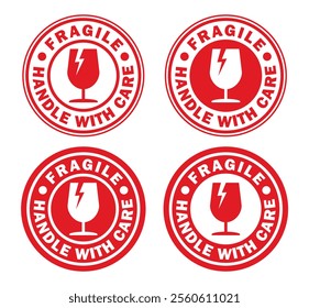 Fragile round circle stamp sticker icon symbol set. Handle with care logo sign. Keep dry, This way up. Vector illustration image. Isolated on white background.