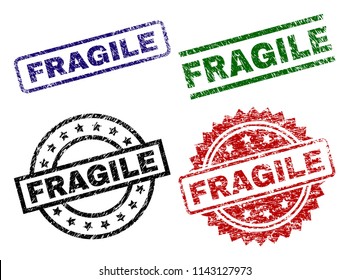 FRAGILE seal stamps with damaged style. Black, green,red,blue vector rubber prints of FRAGILE text with unclean style. Rubber seals with circle, rectangle, rosette shapes.