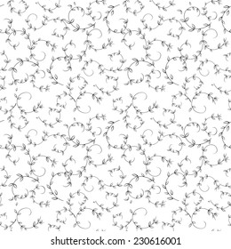 Fragile seamless pattern with abstract leaves and spirals. Contrast black and white line art pattern. Useful for web or textile background, wrapping paper or scrap book. Vector is EPS8.