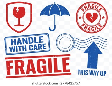 Fragile shipping handling labels vector illustration including handle with care, this way up, and breakable package warning symbols.