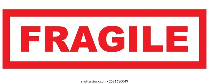 Fragile sign, red bold text with rectangular line for package transportation. Handle with care indicator with isolated background.