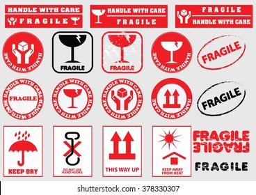 fragile signs for packaging (handle with care, this side up, keep dry, fragile, do not use hand hooks, keep away from heat) flat vector illustration