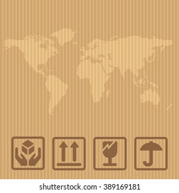 Fragile signs and world map packaging box. Vector illustration isolated on brown carton delivery background for web, icon, banner, info graphic.