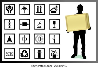 fragile. silhouette of a man with a box. Types and values of goods labeling