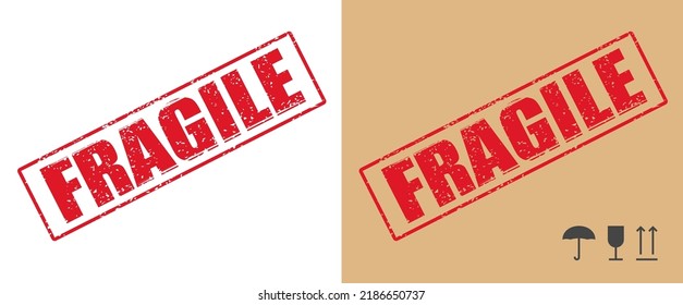 Fragile stamp icon vector red or breakable glass shipping sticker seal tag for mail parcel packages grunge labels graphic isolated on white clipart image