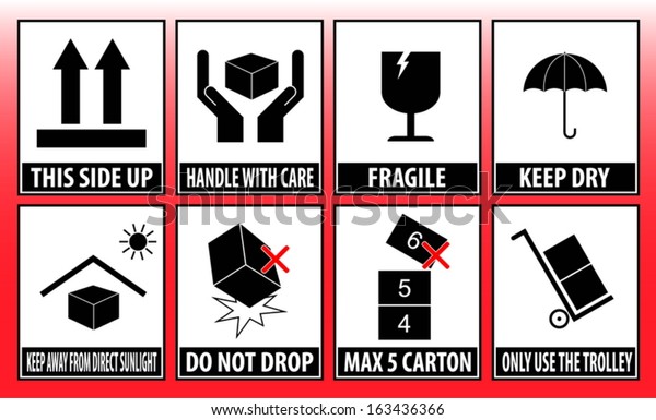 Fragile Sticker Handle With Care Icon Packaging Symbols Sign Red Keep Dry Do Not Drop Trolley