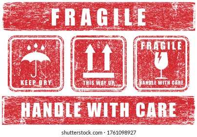 Fragile sticker icon symbol. Handle with care logo sign. Keep dry, This way up. Vector illustration image. Isolated on white background.