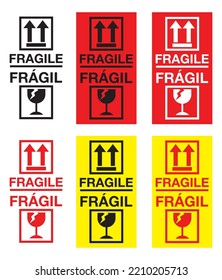 fragile sticker and label Multilanguage English and Spanish language, "frágil" Text Spanish in sticker mean easily cracked. Fragile package symbol, Vector EPS 10.
