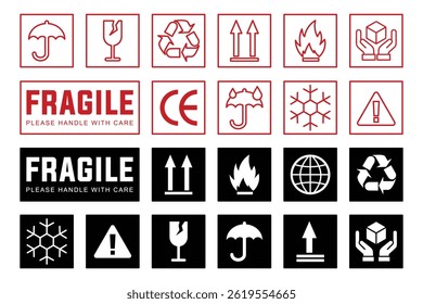Fragile Sticker Label Set. Handle With Care Shipping Warning Signs for Packages and Logistics