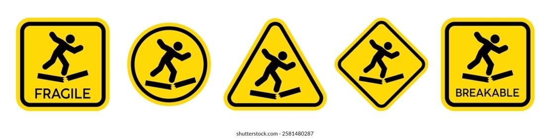 Fragile surface sign. Breakable material sign. Watch your step symbol.