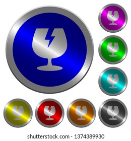 Fragile symbol icons on round luminous coin-like color steel buttons