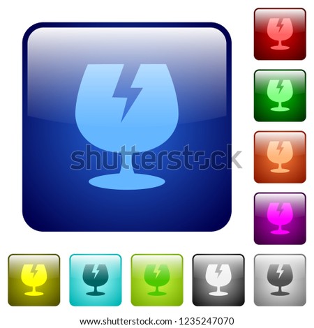 Fragile symbol icons in rounded square color glossy button set