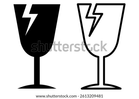 Fragile symbol vector illustration featuring broken wine glass icons in black and white, including solid and outline styles, for packaging labels, shipping warnings, and handling instructions.