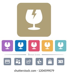 Fragile symbol white flat icons on color rounded square backgrounds. 6 bonus icons included