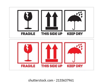 fragile this side up and keep dry warning sign with pictogram in black and red on white background can be use for parcel shiping cargo vulnerable cargo print and attach vector eps.