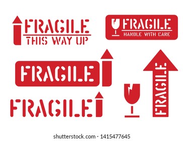 Fragile, this way up, handle with care box sign. Set of rubber stamps or stickers for cargo and logistics. Vector illustration with arrow and glass.