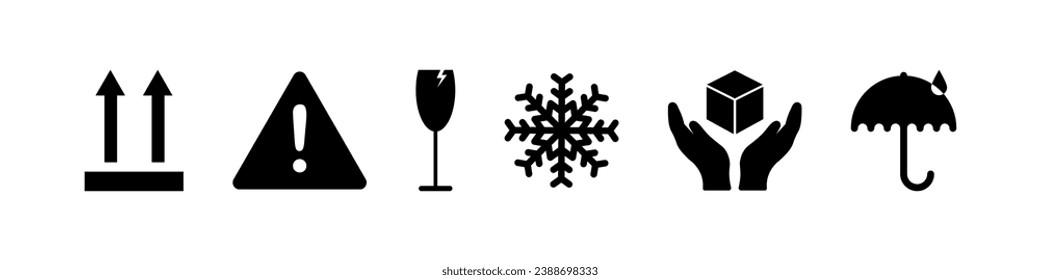 Fragile vector icon.  This side up. Handle with care. Keep away from water. Packaging symbols set.