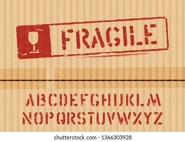 Fragile vector stamp on cargo cardboard box background with font for logistics or packaging. Means: do not crush, handle with care. Grunge alphabet included. Vector illustration