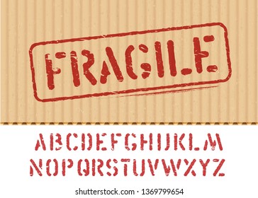Fragile vector stamp on cargo textured cardboard box background with font for logistics or packaging. Means: do not crush, handle with care. Grunge alphabet included