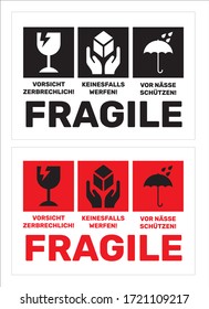 Fragile: Vorsicht! Zerbrechlich, Vor Nässe schützen! , Keinesfalls Werfen!  Sticker for shipping Bilingual German-English Vector EPS