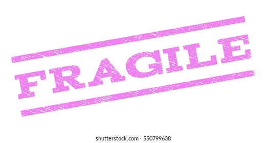 Fragile watermark stamp. Text caption between parallel lines with grunge design style. Rubber seal stamp with scratched texture. Vector violet color ink imprint on a white background.