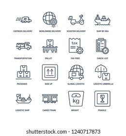 Fragile, Weight, Cargo Train, Logistic Ship, Umbrella, express delivery, Transportation, Packages, Tax free outline vector icons from 16 set