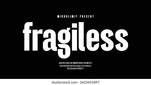 Fragiless: A strong typography alphabet. Black letters and numbers set.  Creative urban sport fashion futuristic font. vector illustration