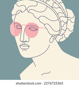 Fragment of an ancient Greek statue of a woman in pink sunglasses. Antique sculpture with modern elements. Vector trendy illustration.