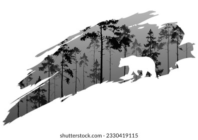 a fragment of the background with a forest and a bear for your design. Vector illustration