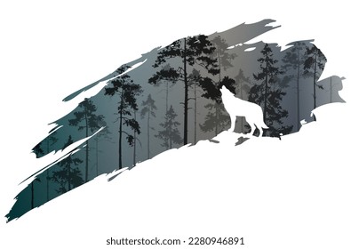 a fragment of the background with a forest and a wolf for your design. Vector illustration	