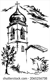 Fragment of a Balkan church against the backdrop of a mountain range. Black and white sketch.