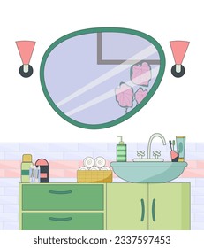 Fragment of a bathroom with a washbasin and a mirror. Cosmetics - gel, toothpaste and toothbrushes, hand towels. Vector in flat style with stroke. For brochures, advertising, flyers and design.