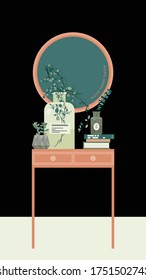 A fragment of a beautiful interior. Sweet home. A round mirror. Plants in glass bottles. Succulents in a pot. The books on the table. 