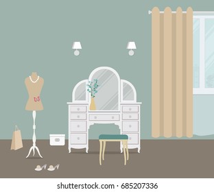 Fragment of bedroom in a blue color with a dressing table. There is also a dummy, a chair and other objects on a window background in the picture. Vector flat illustration