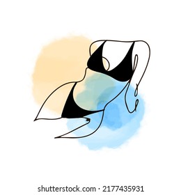 Fragment of the body of a girl in a black swimsuit, one line contour drawing, linear in the style of doodles on a watercolor background, summer motif, beach season, aesthetics
