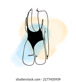 Fragment of the body of a girl in a black swimsuit, one line contour drawing, linear in the style of doodles on a watercolor background, summer motif, beach season, aesthetics