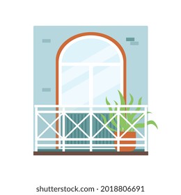 Fragment of building facade wall with comfy balcony flat vector illustration isolated on white background. Urban house architecture element and real estate symbol.