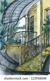 Fragment of building with ladder,porch and shed - vector ink and watercolor