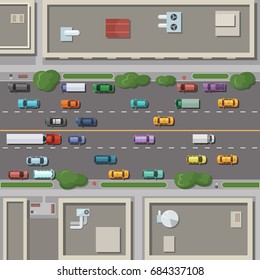 Fragment of city map with roofs, roads and cars on it. Top view vector illustration